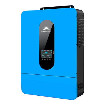 A blue SunGold 6.5KW 48V Split Phase Solar Inverter with a digital display and multiple ports