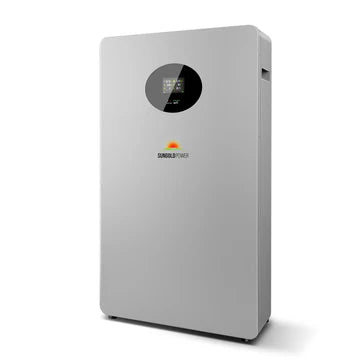 A gray SunGold Powerwall X lithium battery with a touch-screen panel on the front.