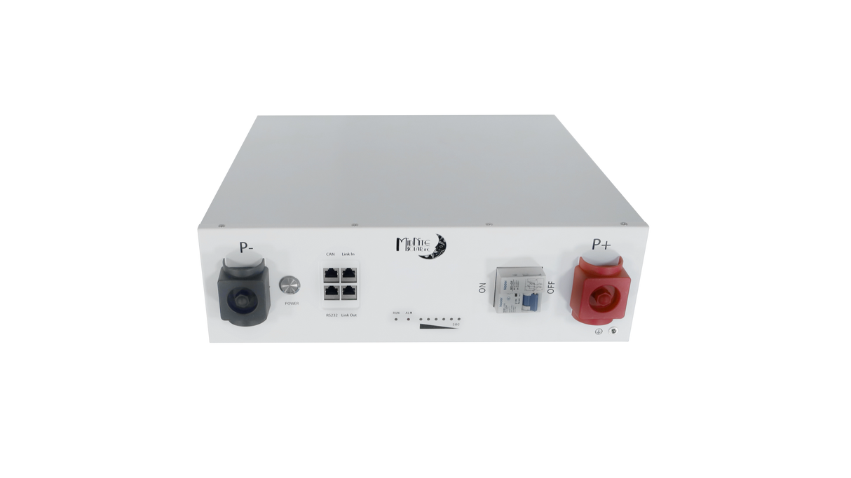 MidNite Solar white battery unit with connectors and branding visible on the rear side.