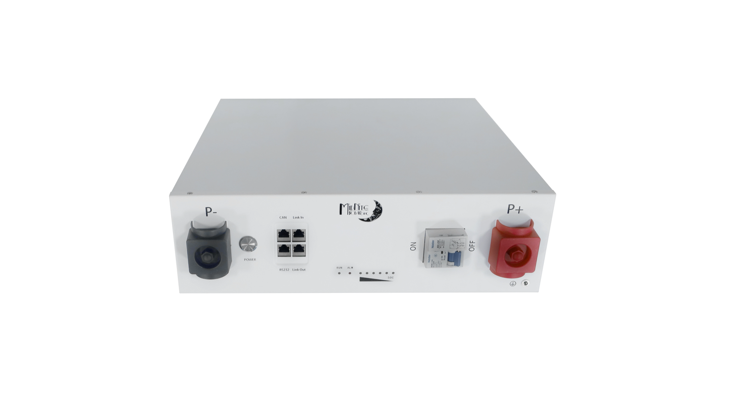 MidNite Solar white battery unit with connectors and branding visible on the rear side.