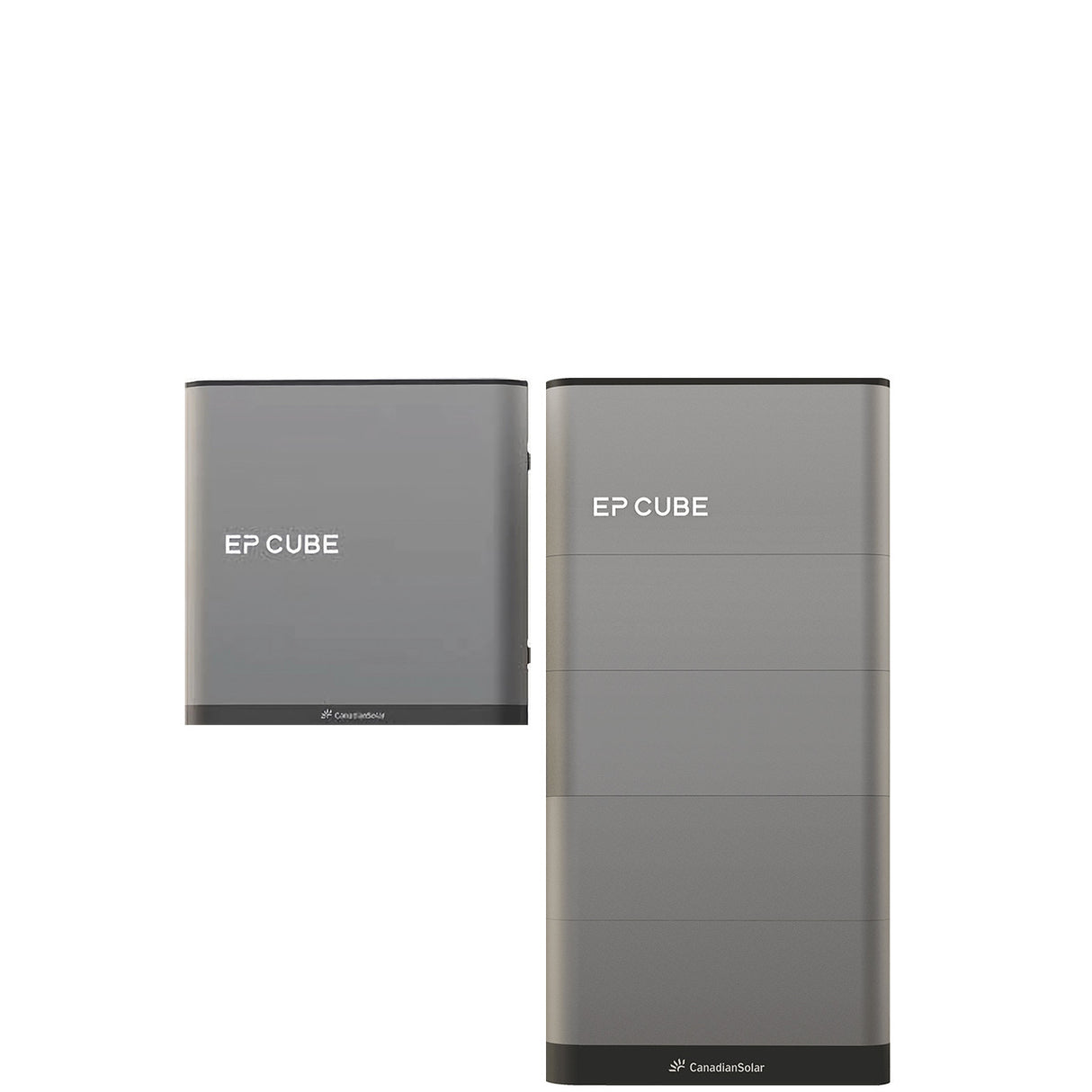 An image showcasing the Canadian Solar EP Cube Energy Storage System, featuring various configurations of the battery and hybrid inverter modules.
