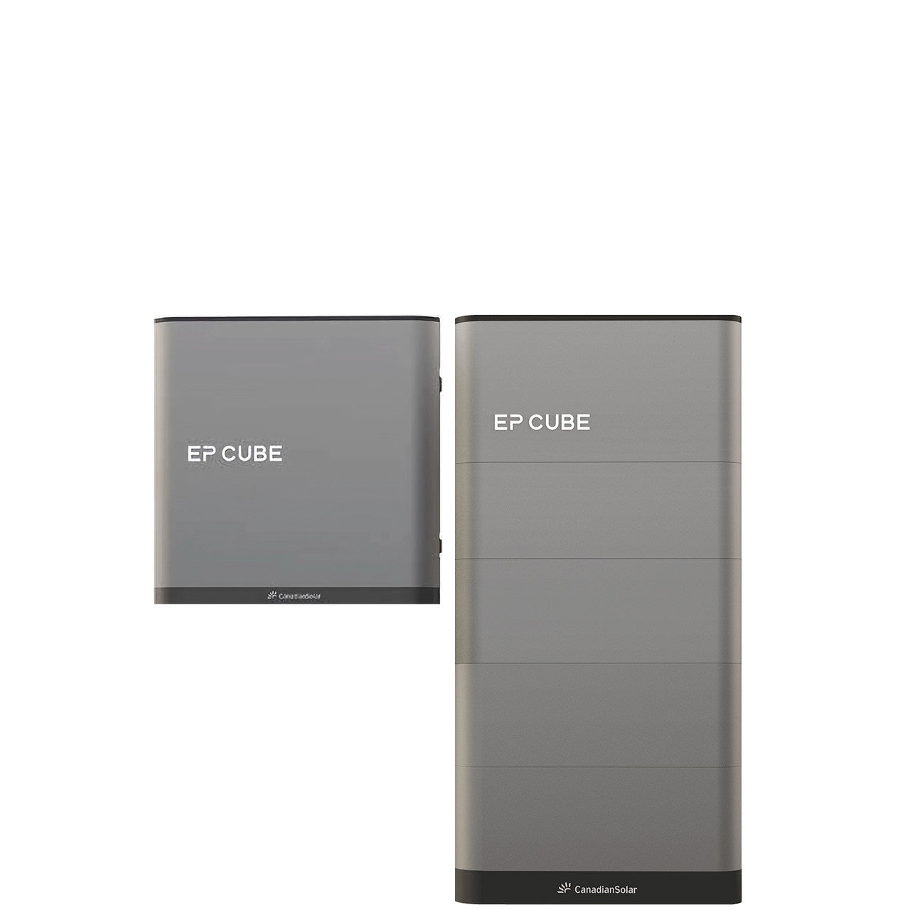 An image showcasing the Canadian Solar EP Cube Energy Storage System, featuring various configurations of the battery and hybrid inverter modules.