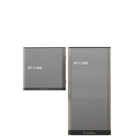 An image showcasing the Canadian Solar EP Cube Energy Storage System, featuring various configurations of the battery and hybrid inverter modules.
