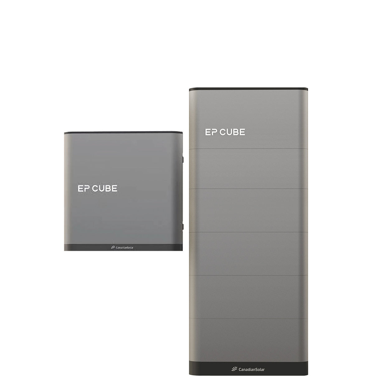 An image showcasing the Canadian Solar EP Cube Energy Storage System, featuring various configurations of the battery and hybrid inverter modules.