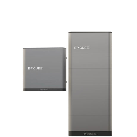 An image showcasing the Canadian Solar EP Cube Energy Storage System, featuring various configurations of the battery and hybrid inverter modules.