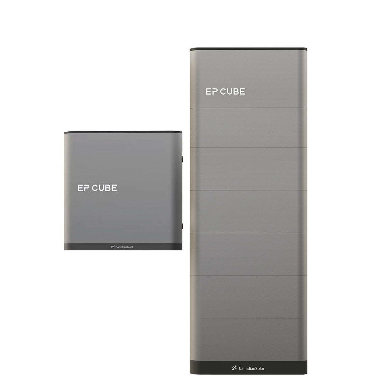 An image showcasing the Canadian Solar EP Cube Energy Storage System, featuring various configurations of the battery and hybrid inverter modules.