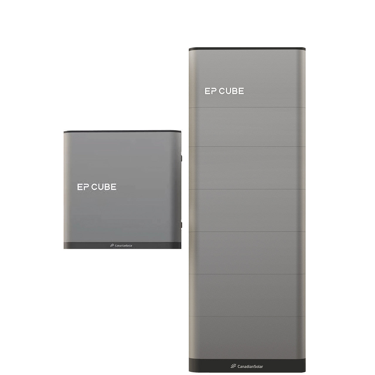 An image showcasing the Canadian Solar EP Cube Energy Storage System, featuring various configurations of the battery and hybrid inverter modules.