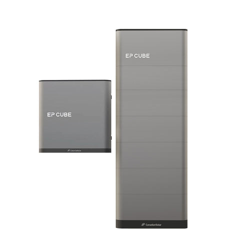 An image showcasing the Canadian Solar EP Cube Energy Storage System, featuring various configurations of the battery and hybrid inverter modules.