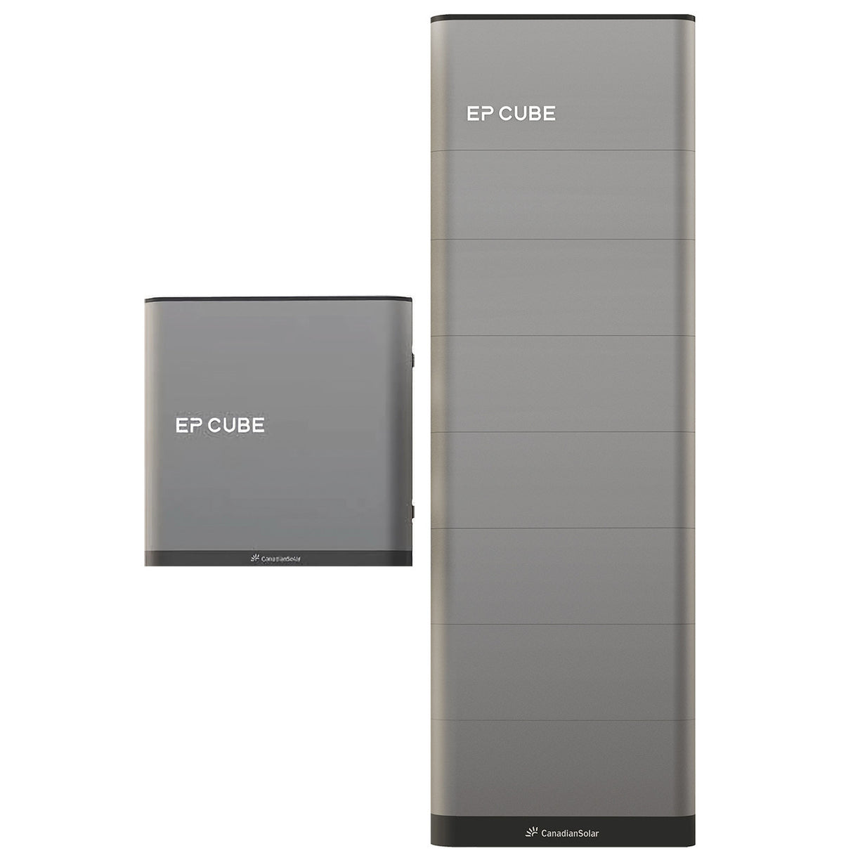 An image showcasing the Canadian Solar EP Cube Energy Storage System, featuring various configurations of the battery and hybrid inverter modules.