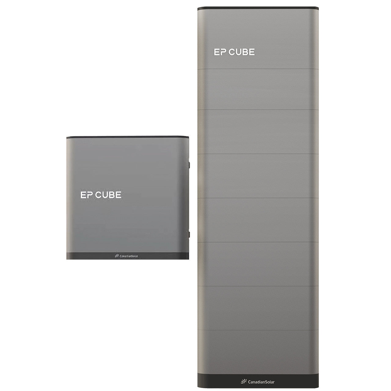 An image showcasing the Canadian Solar EP Cube Energy Storage System, featuring various configurations of the battery and hybrid inverter modules.