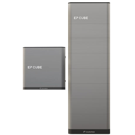 An image showcasing the Canadian Solar EP Cube Energy Storage System, featuring various configurations of the battery and hybrid inverter modules.