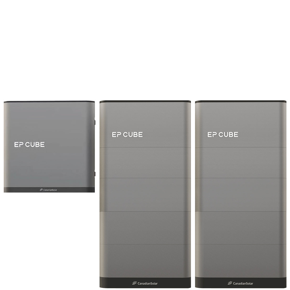 An image showcasing the Canadian Solar EP Cube Energy Storage System, featuring various configurations of the battery and hybrid inverter modules.