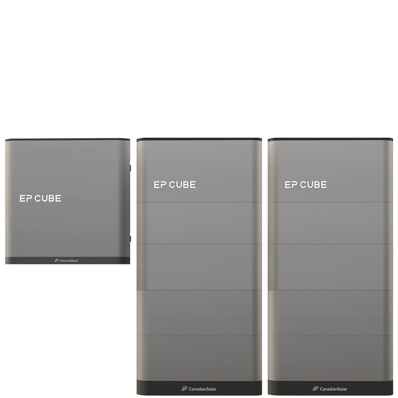 An image showcasing the Canadian Solar EP Cube Energy Storage System, featuring various configurations of the battery and hybrid inverter modules.