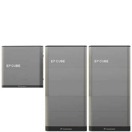 An image showcasing the Canadian Solar EP Cube Energy Storage System, featuring various configurations of the battery and hybrid inverter modules.