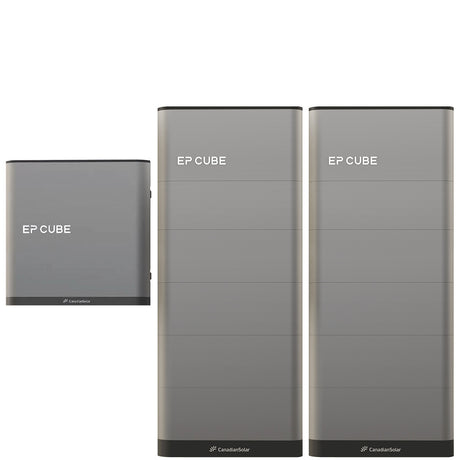 An image showcasing the Canadian Solar EP Cube Energy Storage System, featuring various configurations of the battery and hybrid inverter modules.