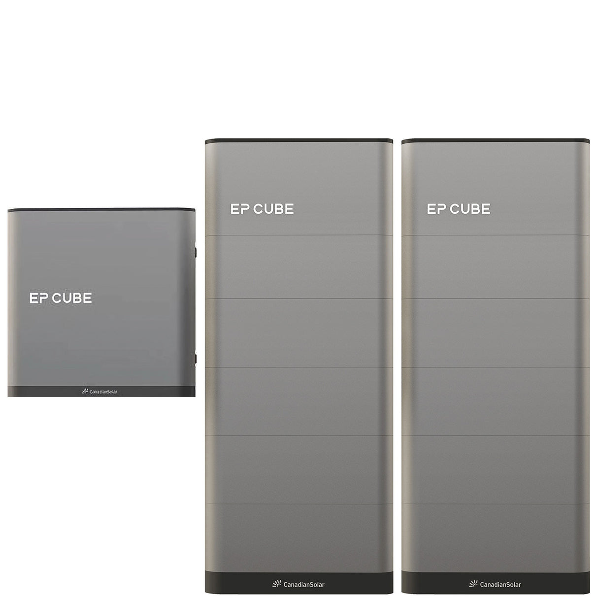 An image showcasing the Canadian Solar EP Cube Energy Storage System, featuring various configurations of the battery and hybrid inverter modules.