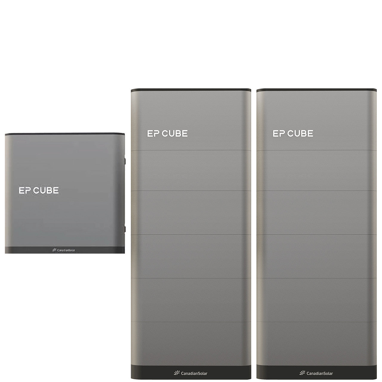 An image showcasing the Canadian Solar EP Cube Energy Storage System, featuring various configurations of the battery and hybrid inverter modules.