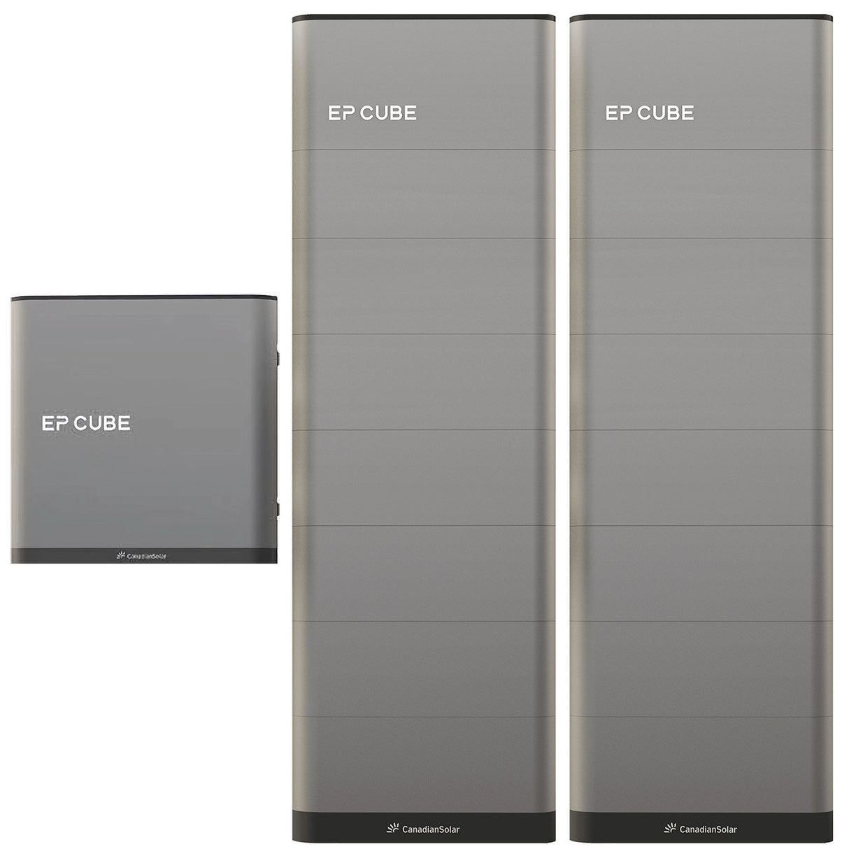 An image showcasing the Canadian Solar EP Cube Energy Storage System, featuring various configurations of the battery and hybrid inverter modules.