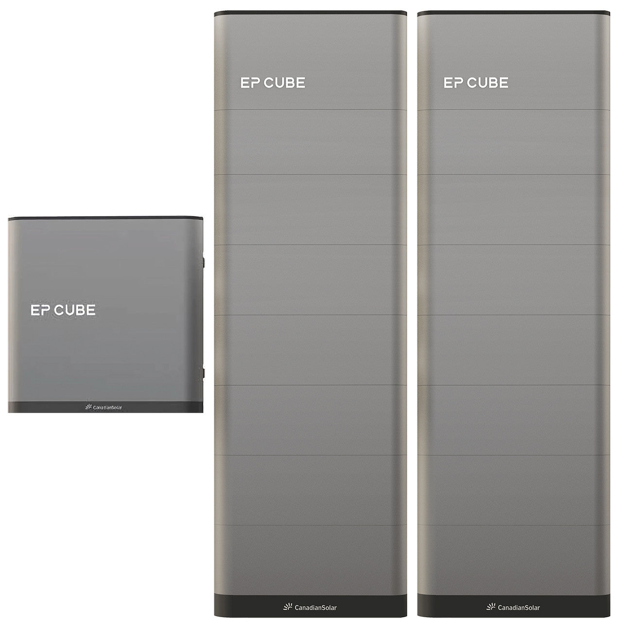 An image showcasing the Canadian Solar EP Cube Energy Storage System, featuring various configurations of the battery and hybrid inverter modules.