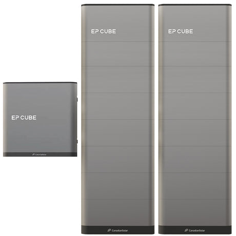 An image showcasing the Canadian Solar EP Cube Energy Storage System, featuring various configurations of the battery and hybrid inverter modules.
