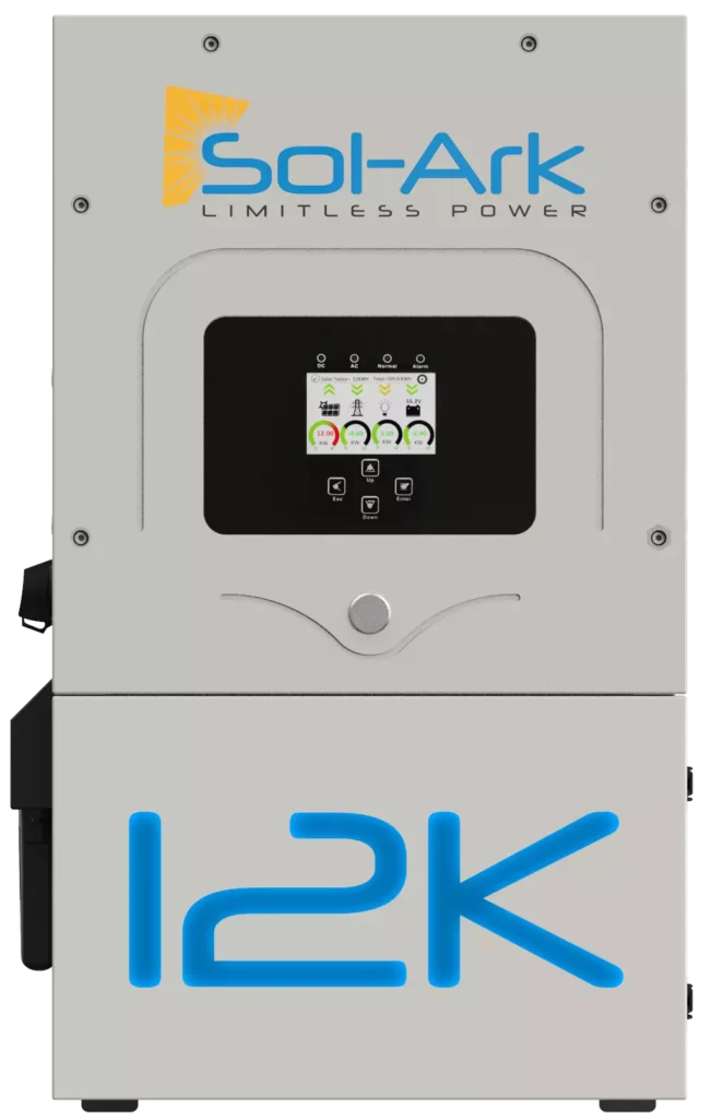 Sol-Ark power system with a display and '12K' branding on a white background
