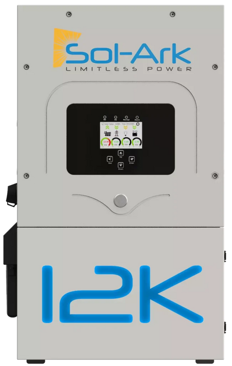 Sol-Ark power system with a display and '12K' branding on a white background