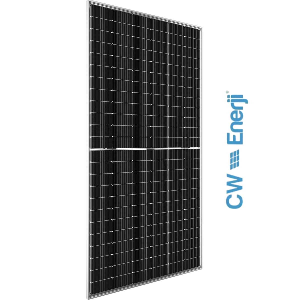 A black monocrystalline silicon bifacial solar panel with a sleek frame, featuring the CW Energy brand logo.