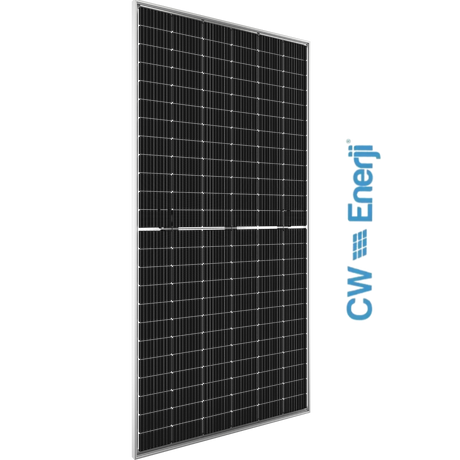 A black monocrystalline silicon bifacial solar panel with a sleek frame, featuring the CW Energy brand logo.