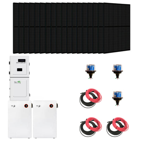Collection of solar panels, batteries, and wiring on a white background