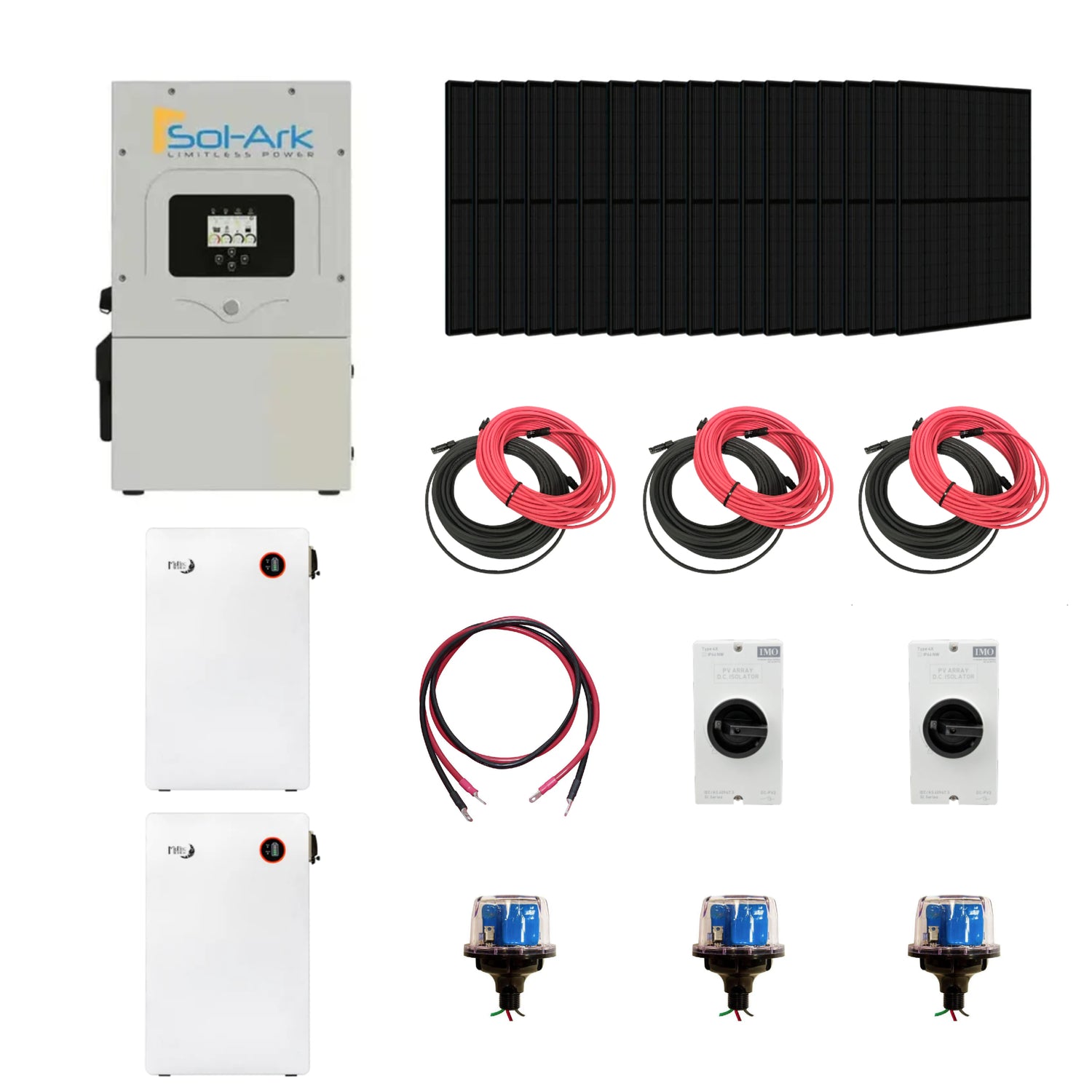Complete Hybrid Solar Kit, with solar panel system with inverters, cables, and connectors on a white background