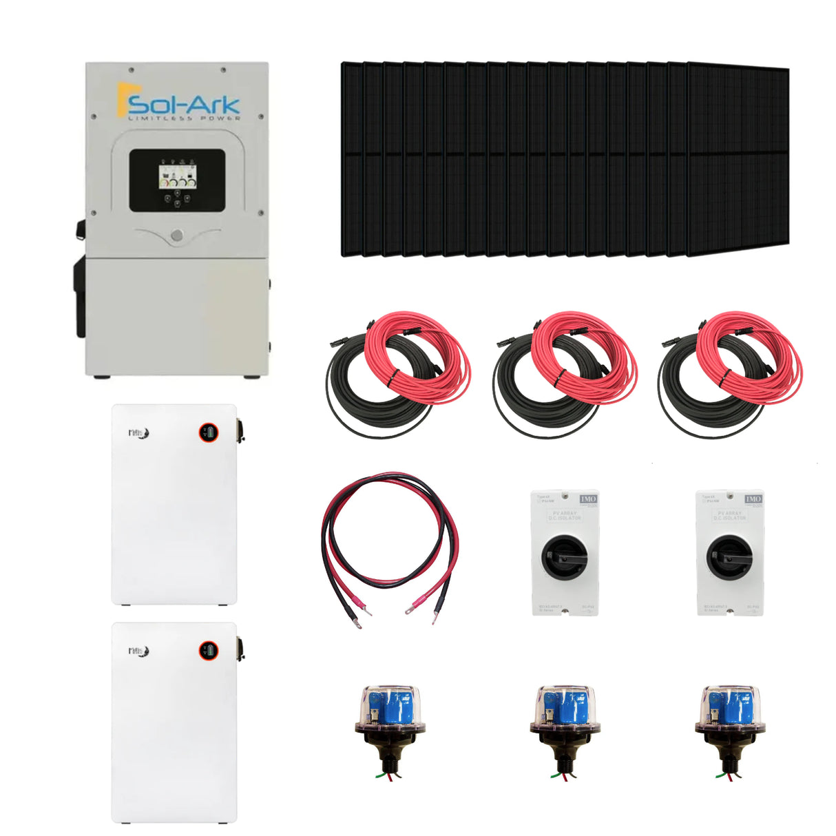 Complete Hybrid Solar Kit, with solar panel system with inverters, cables, and connectors on a white background