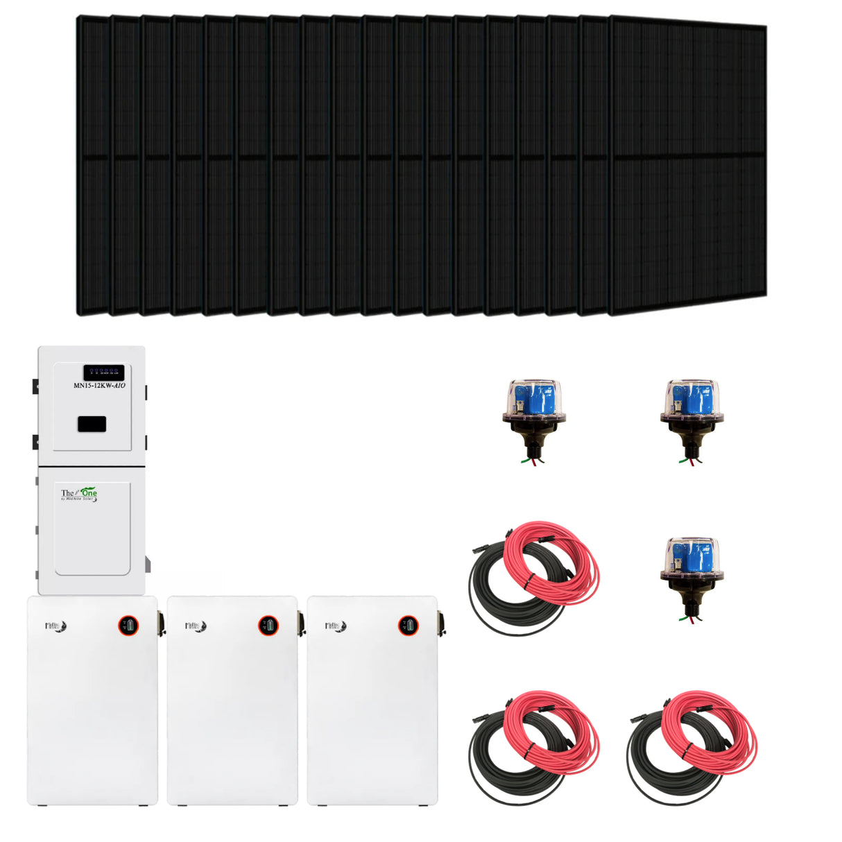 Black solar panels, 1 inverter, cables and 3 solar batteries batteries.