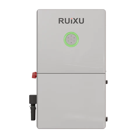 A white RUiXU RX-12K Hybrid Inverter with a green logo, displaying the brand name and some control indicators on the front