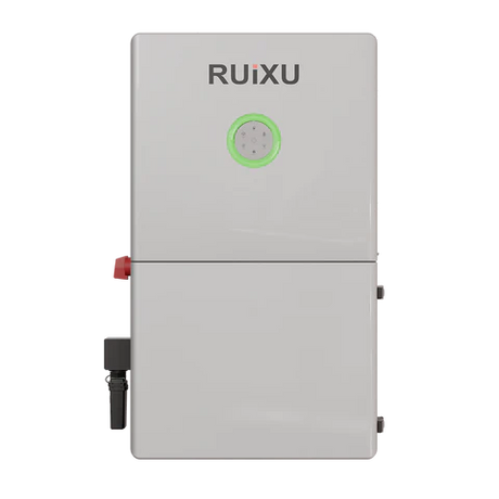 A white  RUiXU RX-12K Hybrid Inverter with a green logo, displaying the brand name and some control indicators on the front