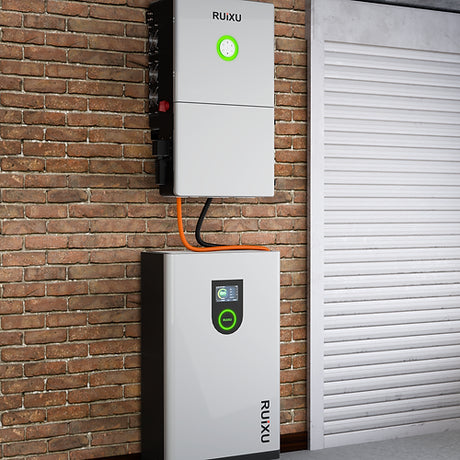 A white  RUiXU RX-12K Hybrid Inverter with a green logo, displaying the brand name and some control indicators on the front