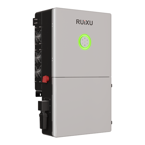 A white RUiXU RX-12K Hybrid Inverter with a green logo, displaying the brand name and some control indicators on the front