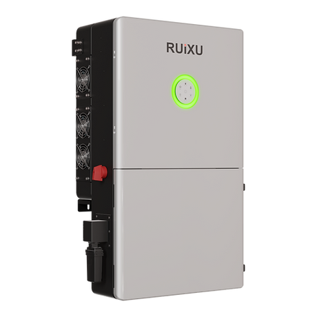 A white  RUiXU RX-12K Hybrid Inverter with a green logo, displaying the brand name and some control indicators on the front