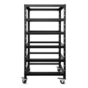 A black metal battery server rack with five shelves and wheels for easy movement.
