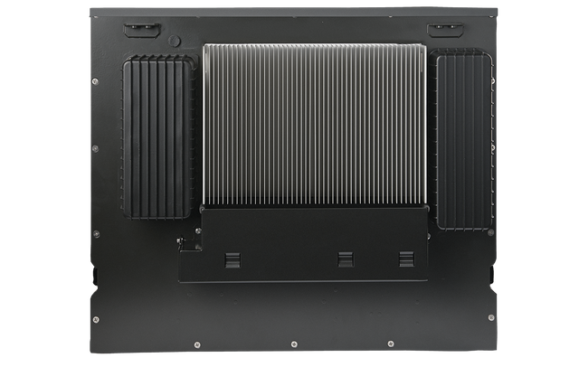 Rear view of EP Cube hybrid inverter with large central heatsink and side cooling fins on the mounting backplate.