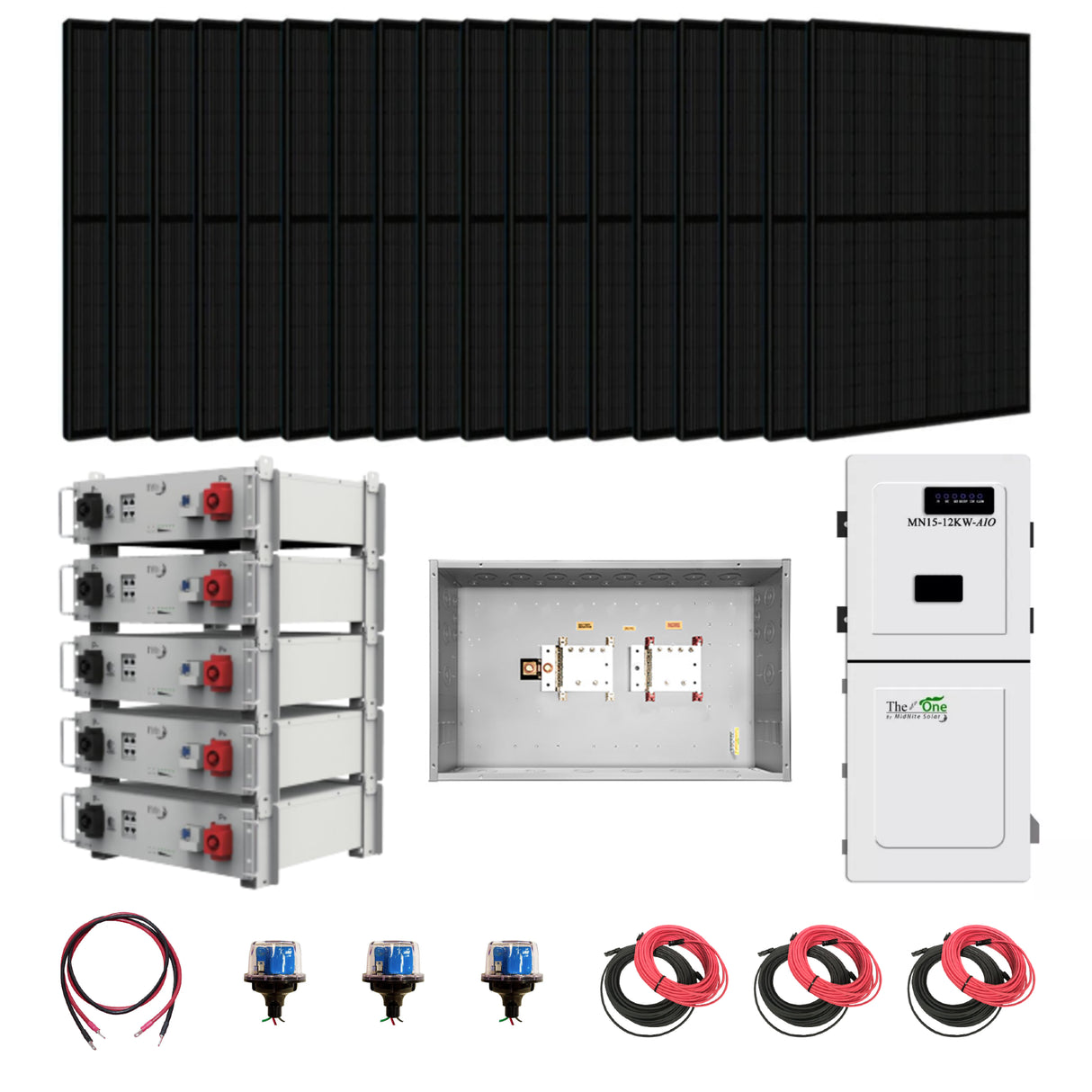 Complete Hybrid Solar Kit, with solar panels, batteries, and related equipment on a white background