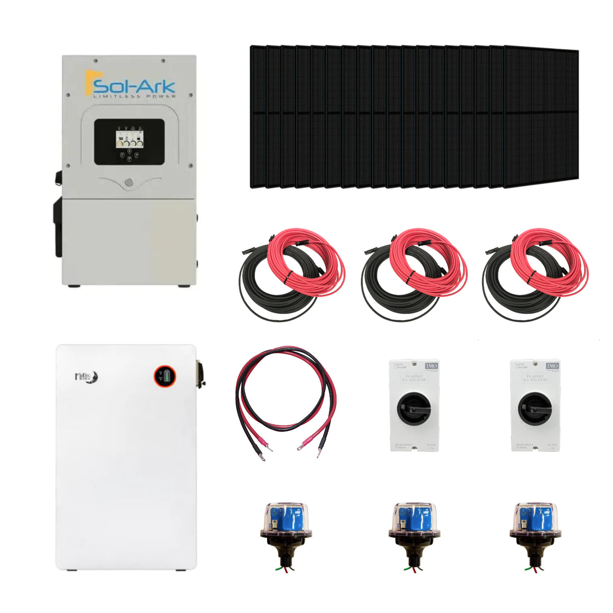 Complete Hybrid Solar Kit, with solar panel system with inverters, cables, and connectors on a white background