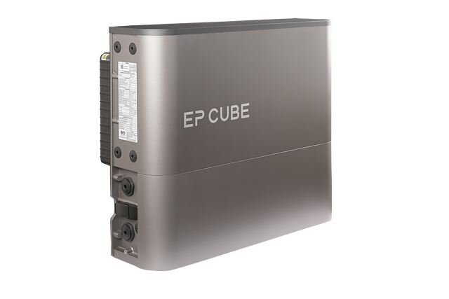 EP Cube hybrid inverter, angled view with EP CUBE logo and side connection ports