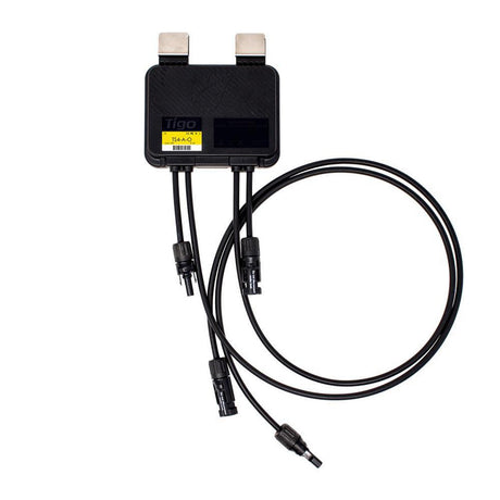 A Tigo TS4-A-O optimization monitor and rapid shutdown device with attached cables, featuring MC4 connectors.