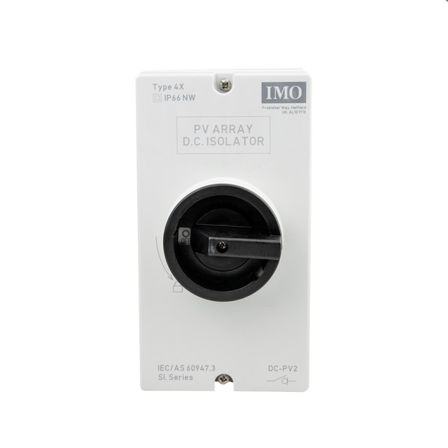 IMO DC disconnect rooftop isolator switch with a black handle, white body, and Type E2 label.