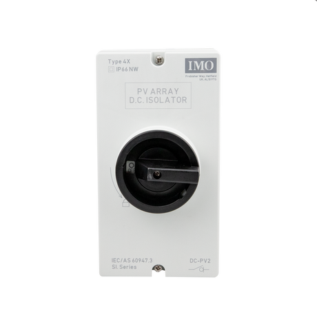 IMO DC disconnect rooftop isolator switch with a black handle, white body, and Type E2 label.