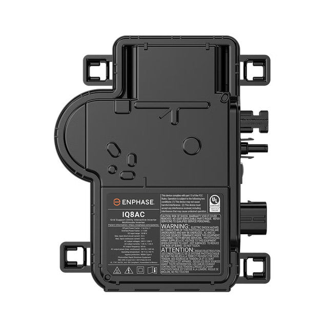 Enphase IQ8AC Microinverter, black, with mounting bracket and various ports and indicators visible on the front panel.