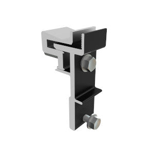 A black anodized aluminum SunModo NanoRack End Bracket with integrated teeth for securing rail-less modules.