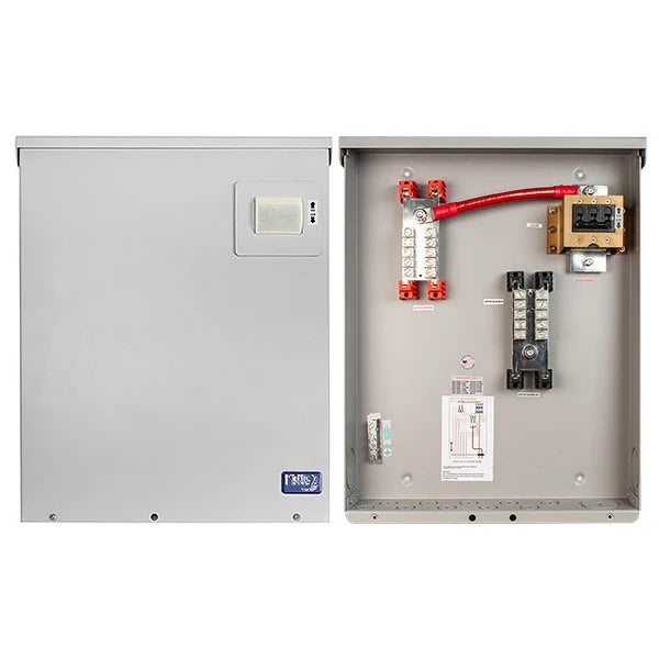 A lithium battery combiner by MidNite Solar, with multiple cable entries and studs visible inside the unit.