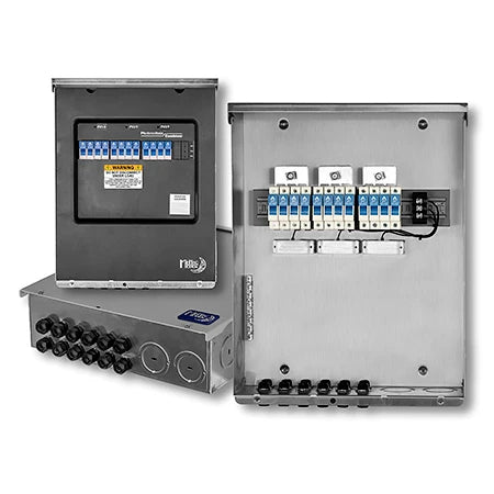 MidNite Solar MNPV4BY3 PV Combiner Box, featuring a gray enclosure with multiple cable entries and fuse holders visible on the inside.