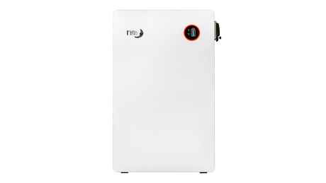 A white MidNite Solar MNPowerflo16 lithium iron phosphate battery cabinet designed for outdoor wall mounting.